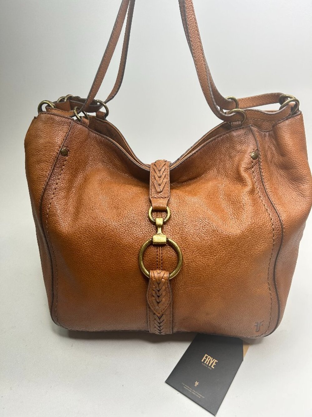 FRYE Brown Leather Tote Handbag w/ Braided Gold Ring Accent Cognac